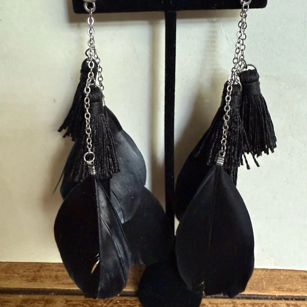 Chic Black Feather and Black  Tassel Earrings - Picture 2 of 14